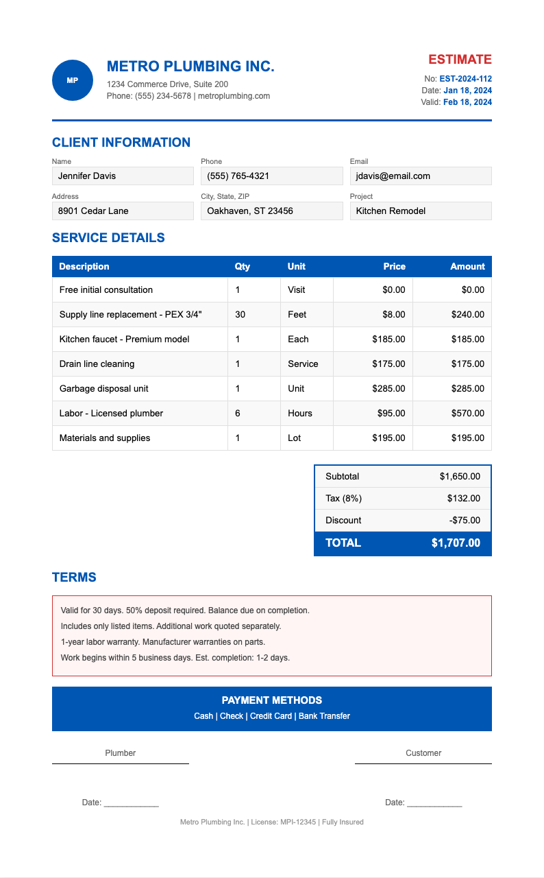 Clean Minimalist plumbing estimate template